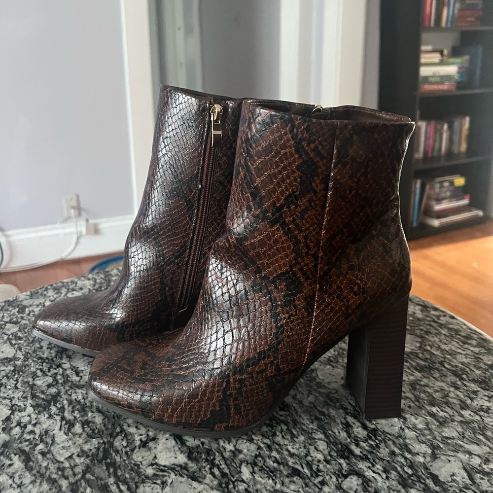 Brand new snake skin heeled booties